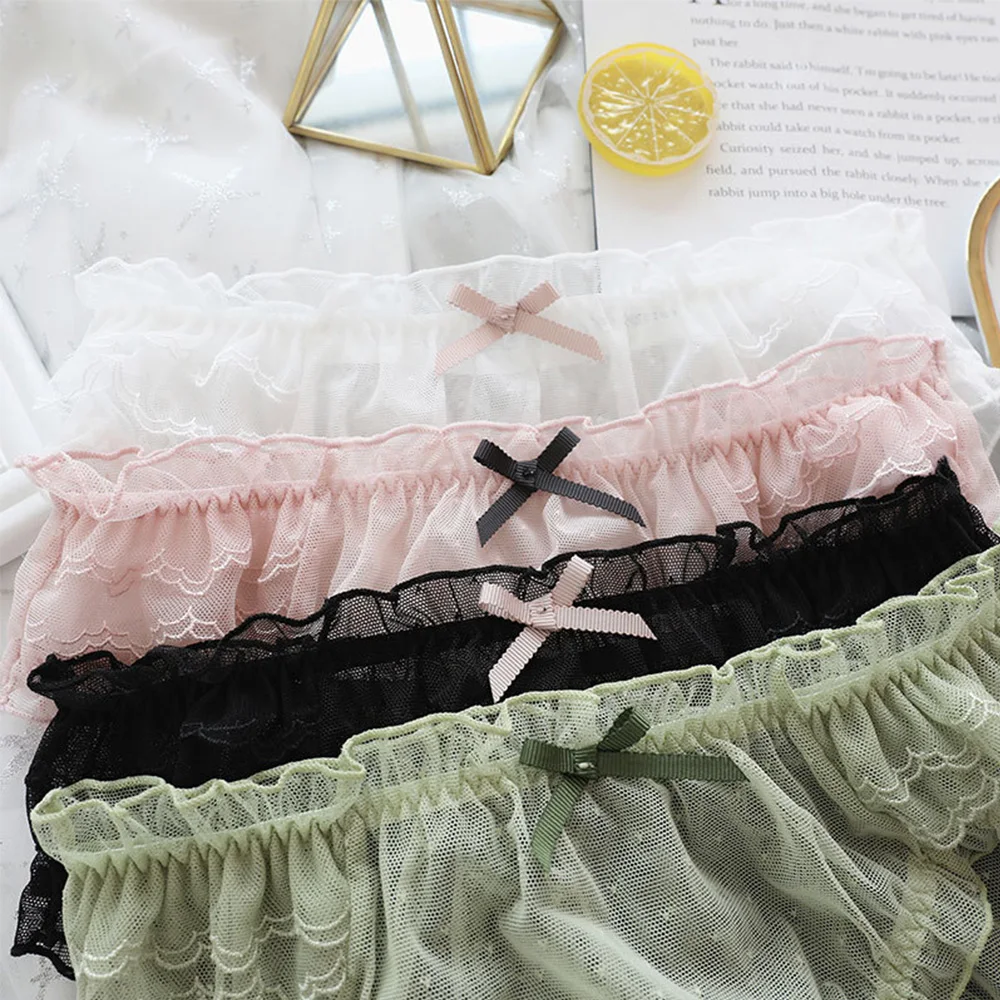 

Women Cute Lace Side Panties Hollow Underpants Bow Ruffles Seamless Thong Transparent Underwear Mid-waist Briefs