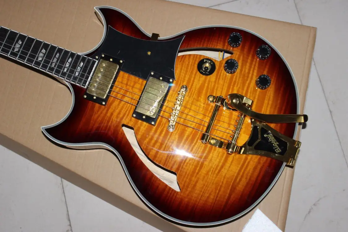 

Custom shop,hollow body jazz electric guitar.Sunburst color tiger flame top gitaar. 6 stings guitarra,Rosewood fingerboard