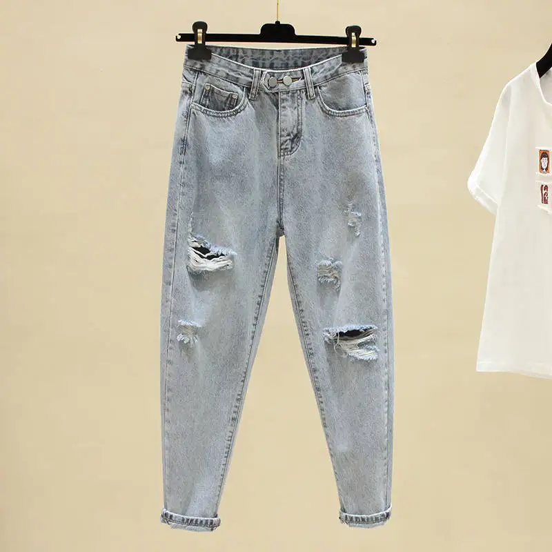 Women Fashion Streetwear Ripped Jeans Women Clothes Vintage Blue Pants High Waist Casual Pantalones Summer 2023 Solid  Jeans