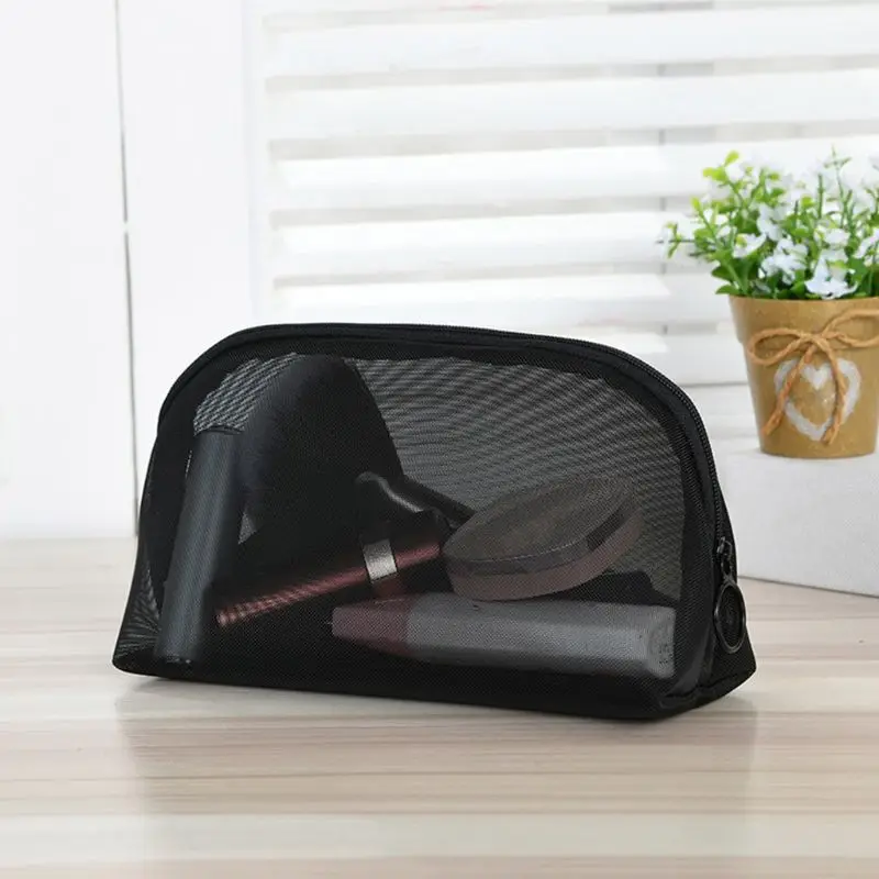 

Clear Black Mesh Zipper Makeup Bag Female See Through Cosmetic Organizer Travel