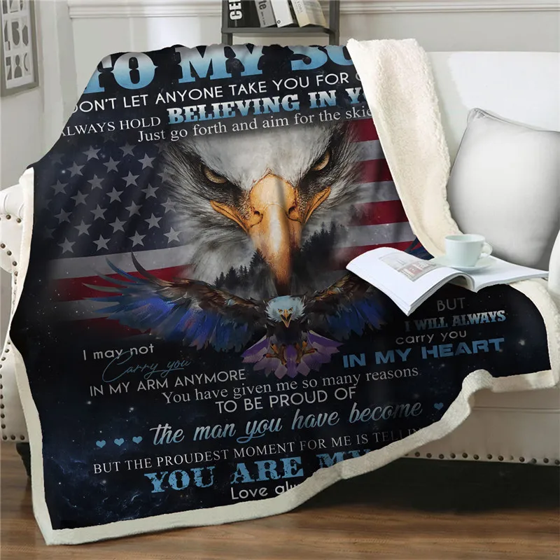 

Flannel Blanket To My Son Message Letter Quilt cover eagle with American Flag Blanket Home Textile Bed Sofa Express Love Blanket