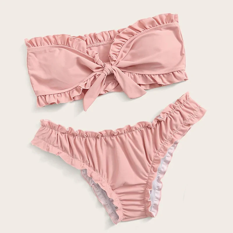 Женский комплект бикини с узлом Одноцветный микро бандо купальник сексуальный