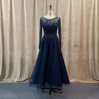 navy blue crystals beaded evening gown long sleeve tulle tea length formal party dress elegant