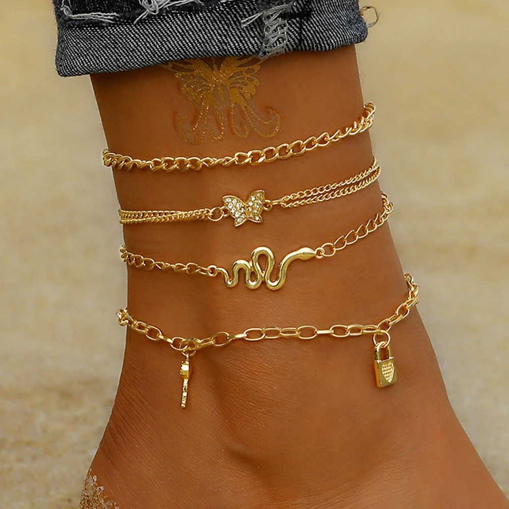 

VKME 4pcs/set Bohemian Snake Pendant Anklets Set For Women Key lock Butterfly Pendant Gold Chain Multi-layer Anklet Foot Ankle