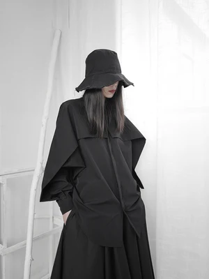 Женская рубашка с длинным рукавом Yamamoto темно синяя драпировкой в японском