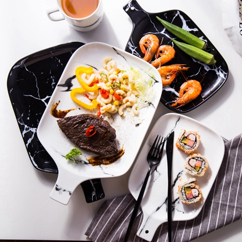 Marble pattern rectangular round porcelain platter ceramic dinner plate with handle | Дом и сад