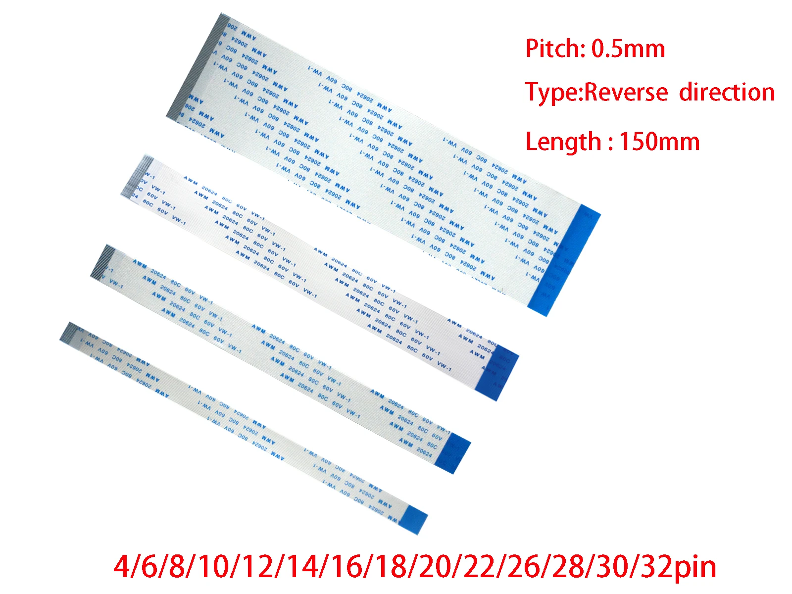 

2Pcs 15cm 0.5mm Pitch FFC FPC Flexible Flat Cable Reverse Direction AWM 20624 80C 60V 4P 6/8/10/12/14/16/18/20/22/26/28/30/32Pin