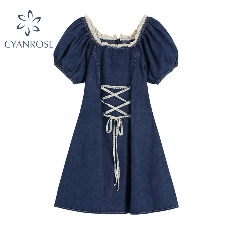 Женское джинсовое платье со шнуровкой синее винтажное французское из денима с