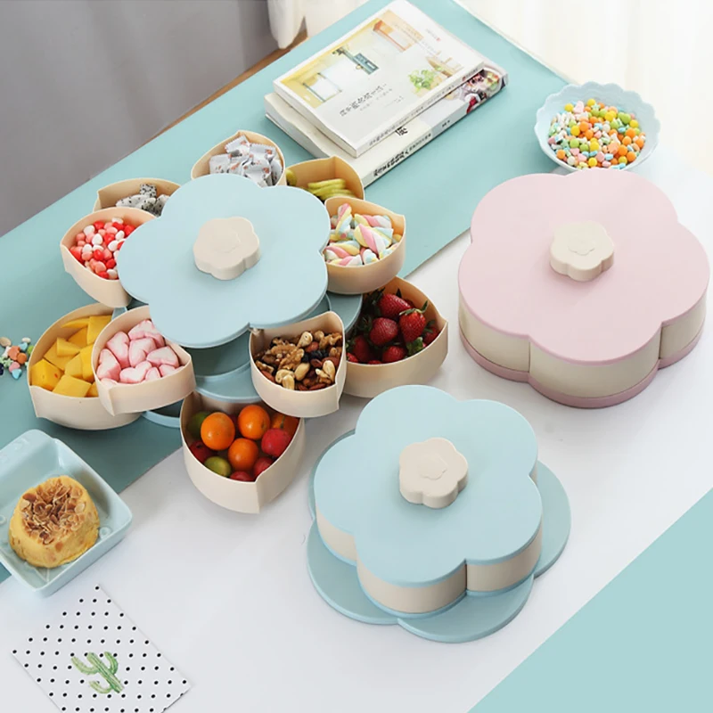 

Creative 2-layer Petal Candy Box Nuts Case Snack Storage Box Container Living Room Rotating Fruit Plate Desktop Organizer New