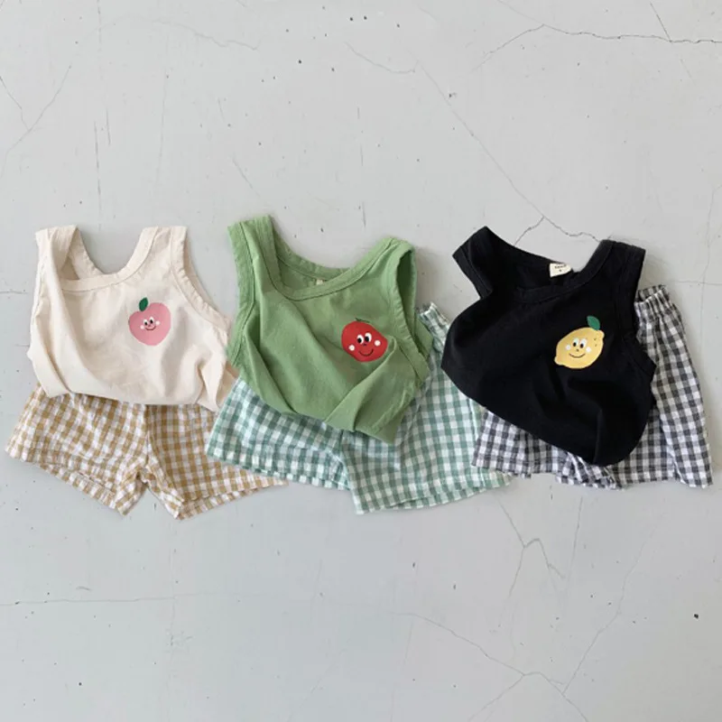 Korean Children's Clothing Set Thin Cotton Sleeveless Suit Baby Lemon Vest Plaid Shorts Two-piece 2020 Summer | Детская одежда и