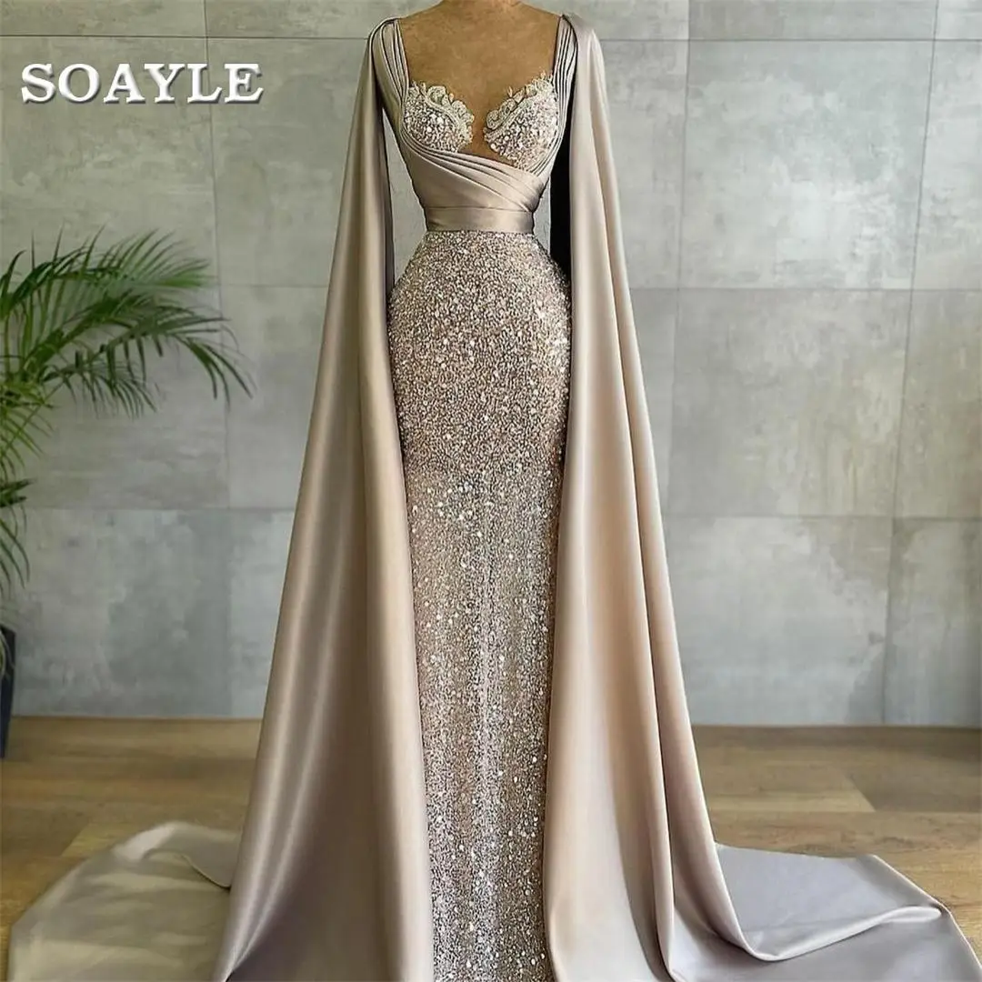 

Arabic Glitter Sequined Evening Dress with Cape Ruched Sweetheart Prom Party Formal Women Gowns long formal dress