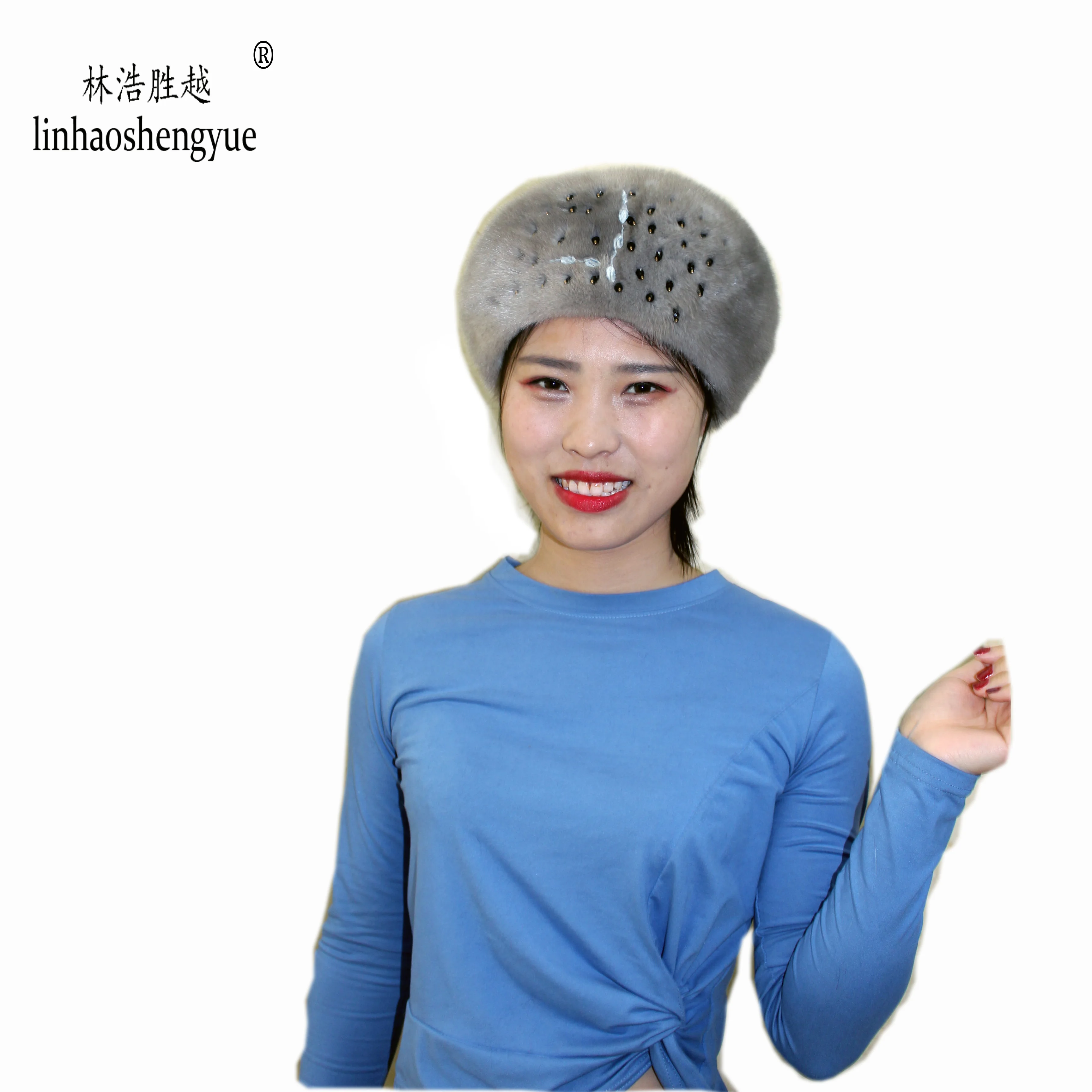 Linhaoshengyue Thicken  Warm Fashion Real Fur Mink  Hat  Octagonal Fur Cap