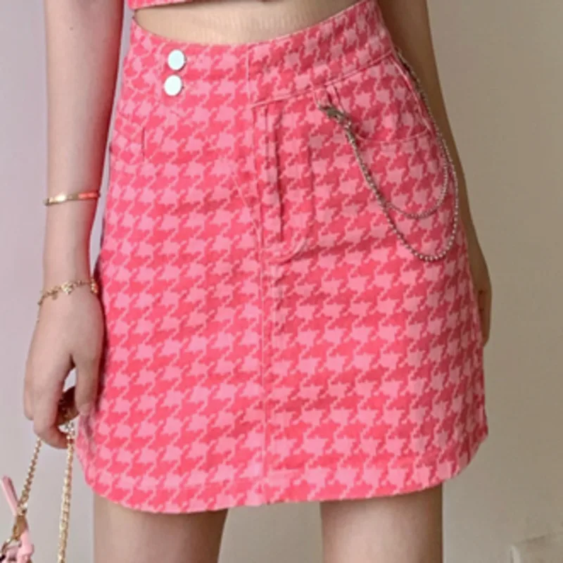

Korean Fashion Two Piece Sets Women Houndstooth Thin Denim Summer Sleeveless Vest + High Waist Mini Skirts Suits Ensembles Femme