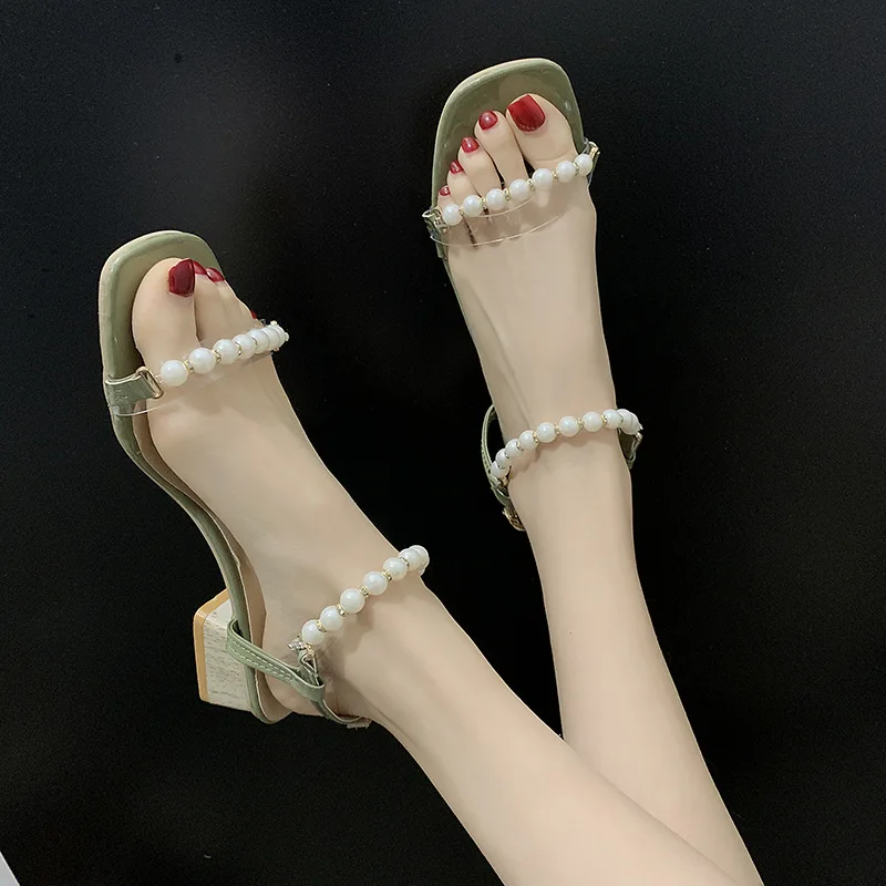 

Fashion Sandals Women 2021 New Summer Thick-heeled Square-toe Women's Sandals Simple Pearl Word Belt Mid-heel Sandals Women