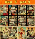 Купите 3 и получите 4 винтажных постера из крафт-бумаги для популярных видеоигр, наклейка для автомобильной серии Grand Theft для бара, домашнего украшения стен, подарки для подростков