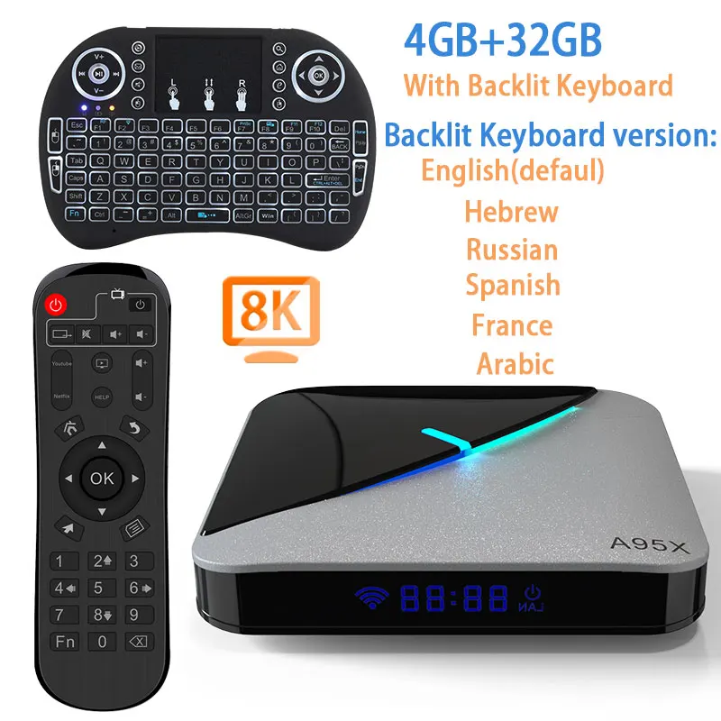 32G with keyboard A95X воздуха RGB светильник Android 9,0 ТВ коробка 8K 4K Youtube Amlogic S905X3 Netflix, Wi-Fi, 2 ГБ, 4 Гб оперативной памяти, 16 Гб встроенной памяти, 32 ГБ, 64 ГБ, set top tv BOX - Цвет: 32G with keyboard