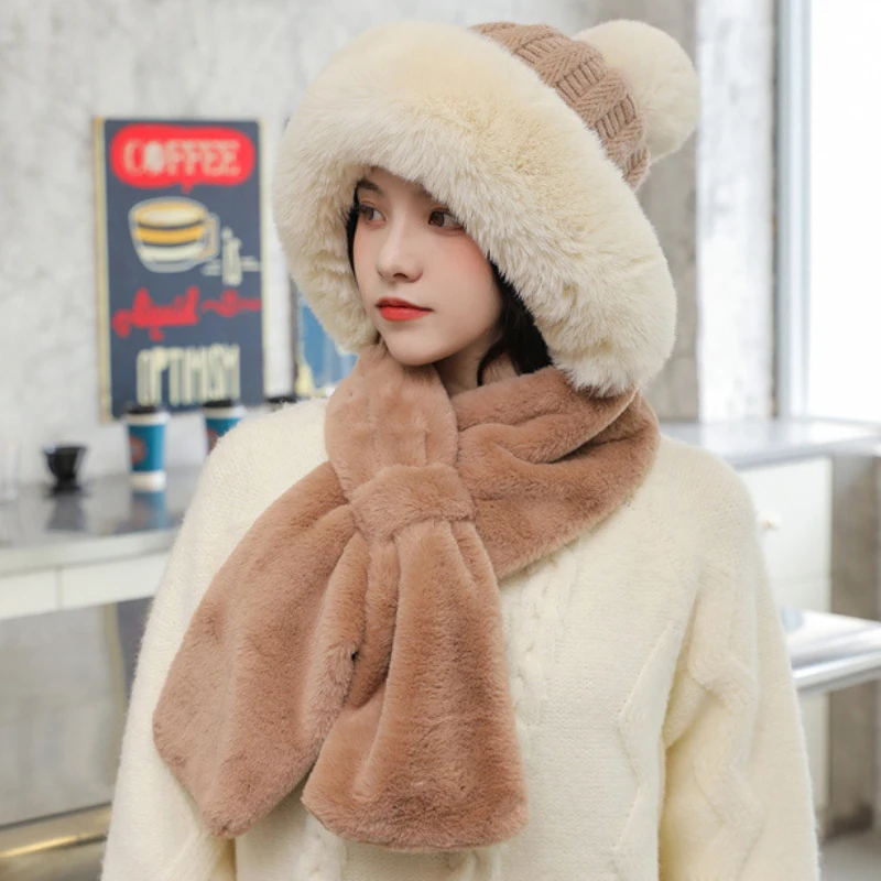 

HT3897 New Thick Warm Women Winter Hat Scarf Set Ladies Soft Fleece Scarf Knitted Hat Female Cute Earflap Ski Cap Hat with Scarf
