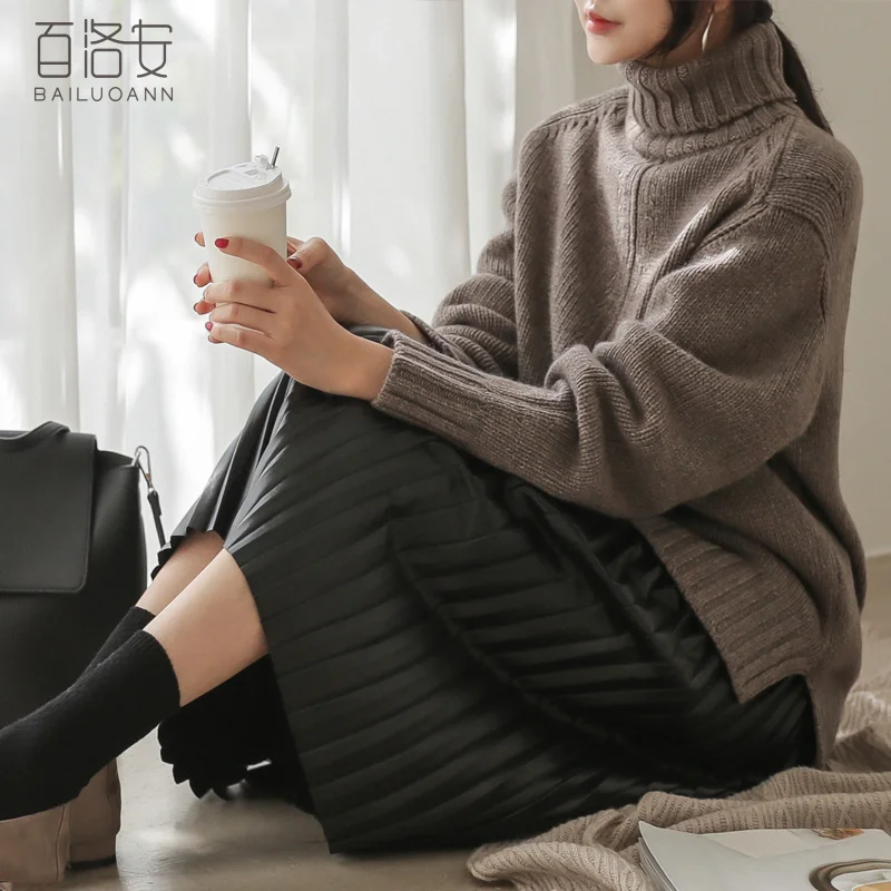 

high neck long sleeve thickened thick thread sweater women's autumn and winter new loose lazy wind bottomed knitted