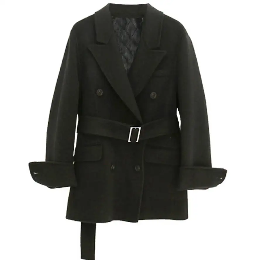 

New 2020 Autumn Winter Women Blazers Woolen Formal Jackets Outerwear Lace Up Office Lady Wild