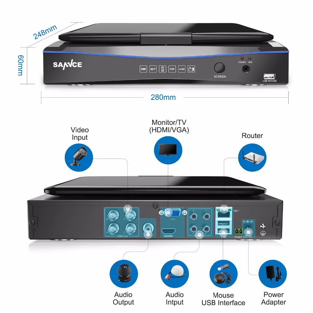 SANNCE FHD 1080P CCTV камера системы 5 в 1 4CH видео наблюдения DVR с 10," lcd и 4 шт открытый набор камер наблюдения безопасности