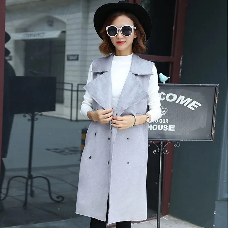 

Korean Fashion New Medium Length Womens Suede Waistcoats Double Breasted Turn Down Collar Slim Straight Female Sleeveless Vests