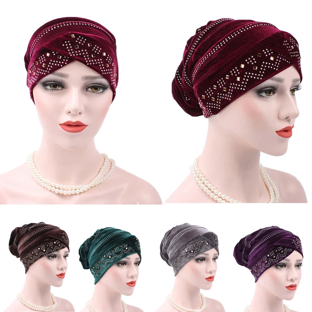 

Velvet Turban Indian Headscarrf Muslim Women Hijab Chemo Cap Cancer Hat Islamic Headwear Beanie Bonnet Hair Loss Cover Headwrap