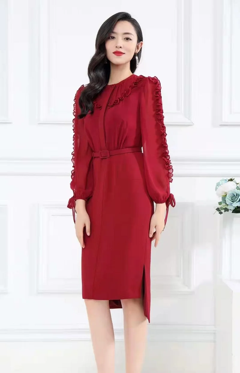 

Dress Vestidos XXL De Fiesta 2021 Spring Summer Party Special Occasion Women Ruffle Deco Long Sleeve Wine Red Dark Blue Dress