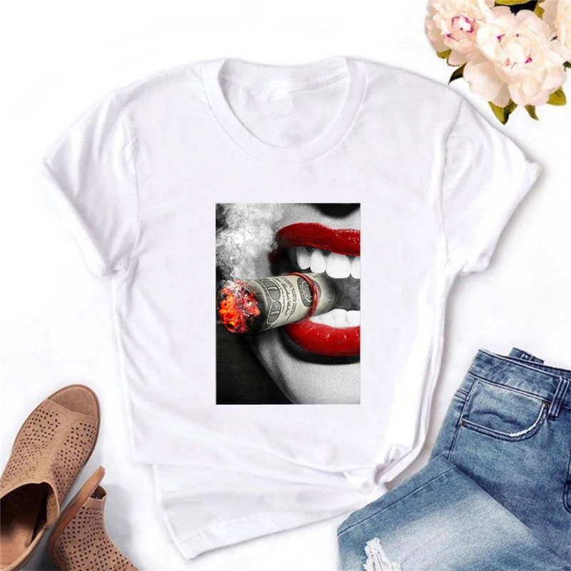 

Eye Lashes Red Lips HEART Print Women T Shirt Fashion Casual Short Sleeve O Neck BASIC white Ladies White Tshirt Tops Tees