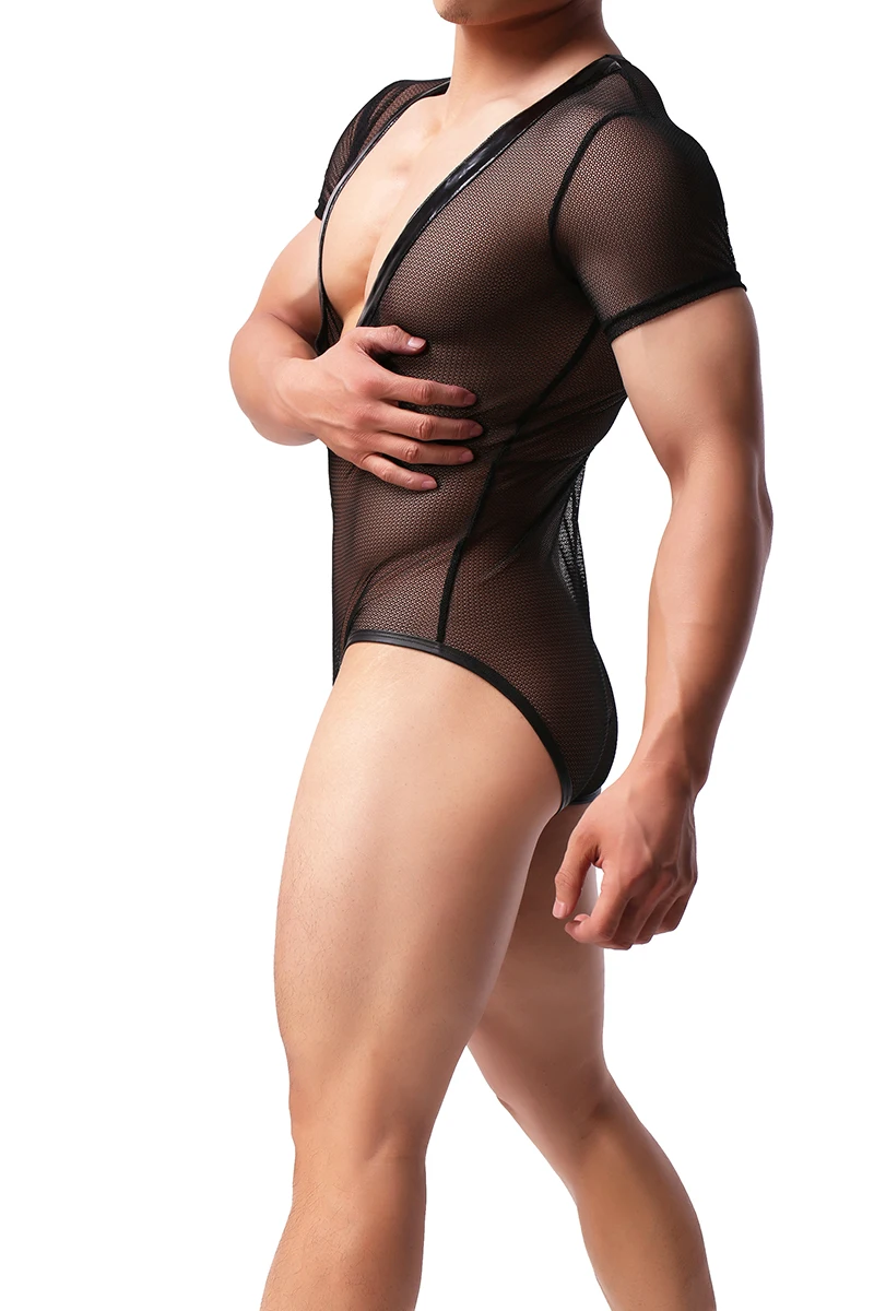 Прозрачный черный сетчатый комбинезон с глубоким v образным вырезом сексуальное