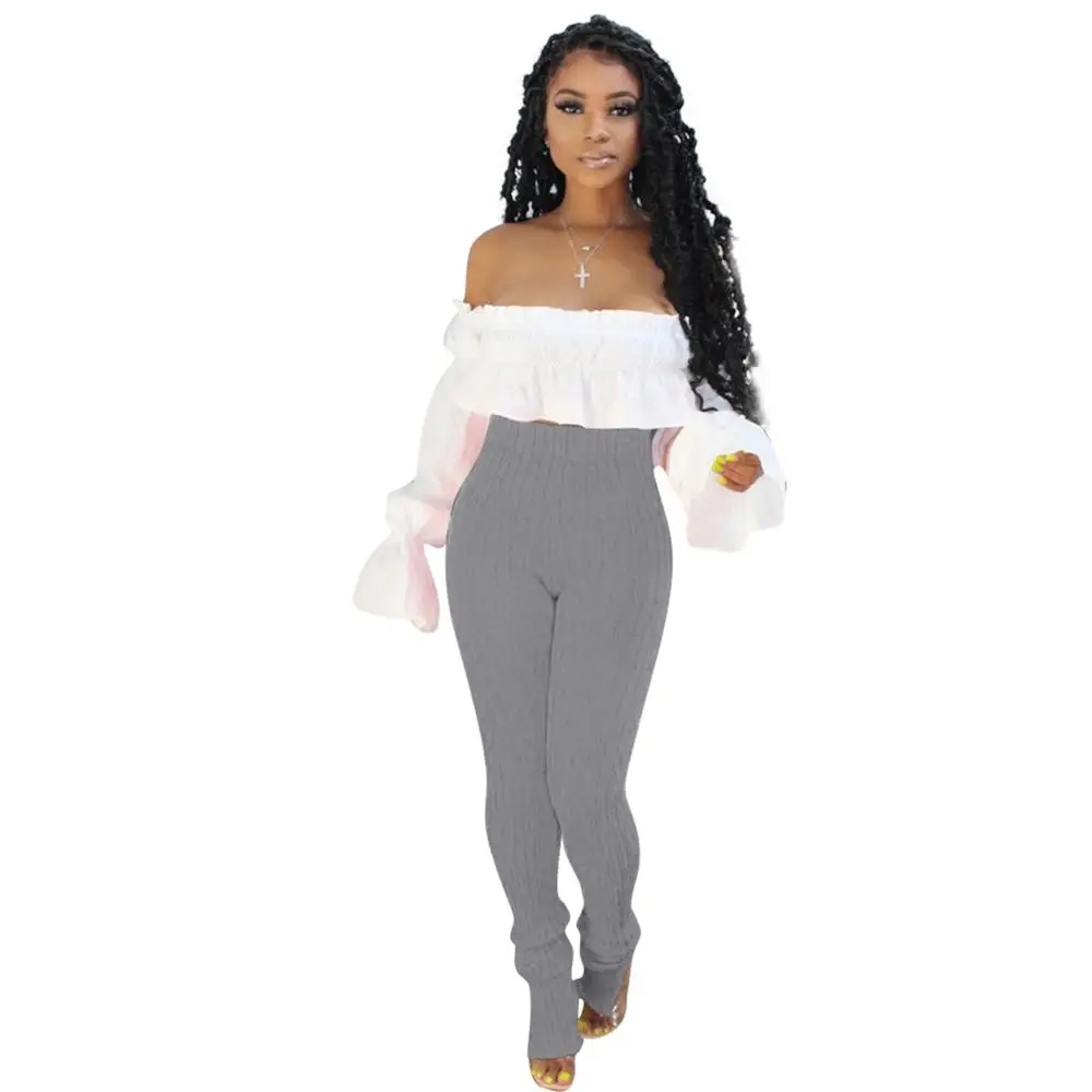 

Autumn WInter Women Elastic Split Flare Pants Leggings High Waist Knitted Trousers Jogger Pants Sweatpants Plus Size 2XL 8 Color