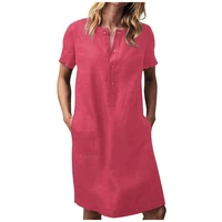 casual basic linen dress womens casual loose sexy elegant dress solid color cotton linen short sleeve dress vestidos mujer