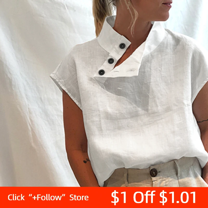 

Женская мода, длинные, хлопковые блузки, топы, размера плюс, женские блузы с коротким рукавом 2021 летняя кнопки в стиле ретро однотонные Цвет ...