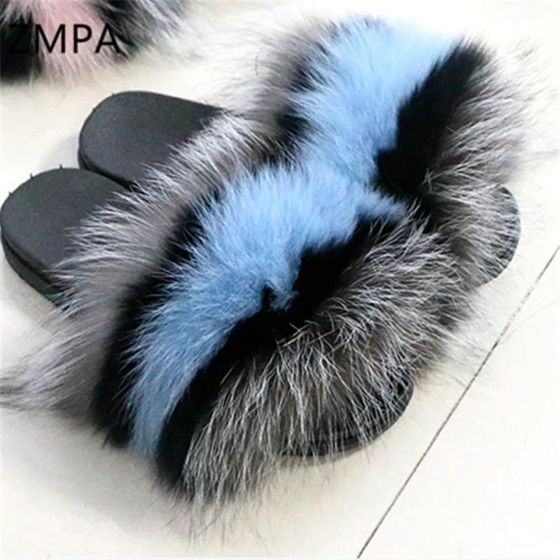 Шлепанцы женские/Детские летние из натурального Лисьего меха пушистые меховые
