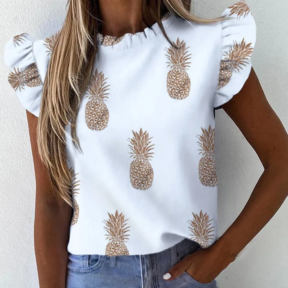 

Women's Summer Ruffle Blouse 2021 New Sexy Short Sleeve Round Neck Print Shirt Female Fashion Plus Size Pullover Clothes