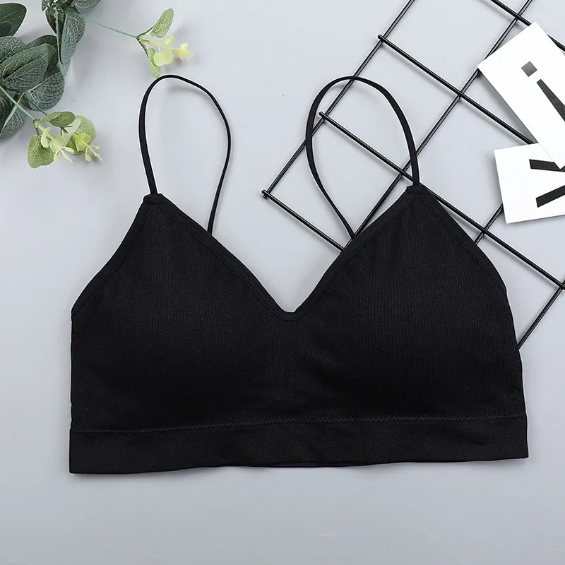 

NORMOV Fashion Women Bra Soild Slim Seamless Stripe V Neck Underwear Ninth Halter Top Casual Fitness Workout Black Bar Femme