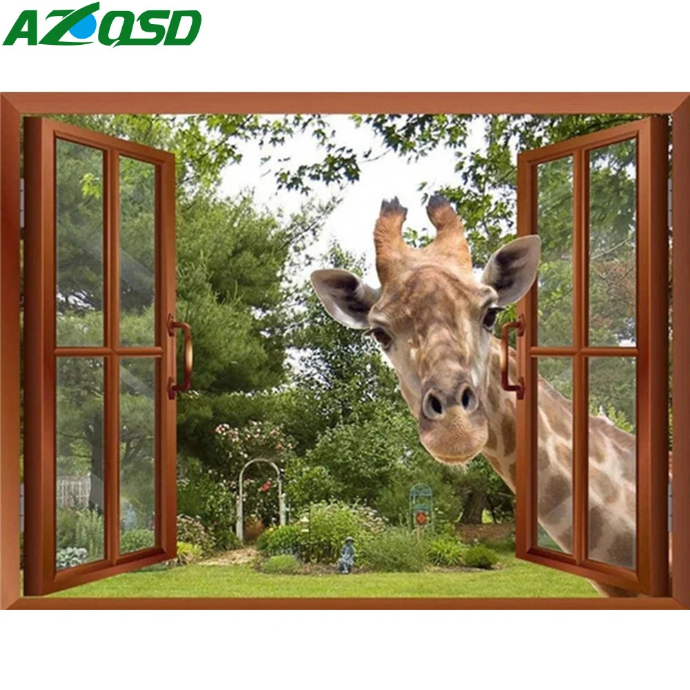 

AZQSD 5d Diamond Painting New Arrivals Window Giraffe Picture Of Rhinestones Diamond Embroidery Animals Mosaic Home Decor
