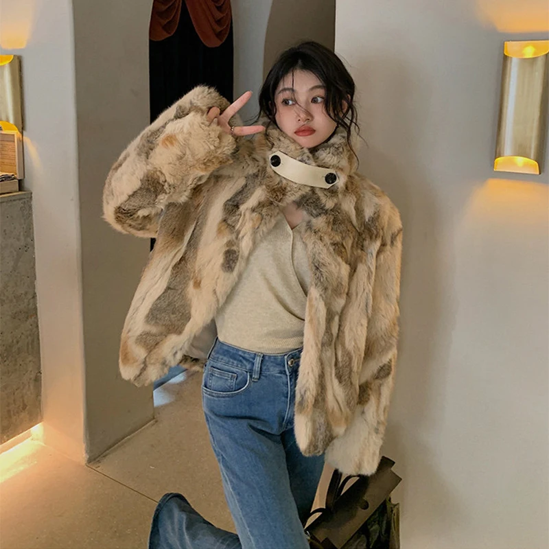 Winter Fashion Warm Super Soft Real Natural Rabbit Fur Collar Jacket Coat Rabbit Fur Outerwear Overcoat