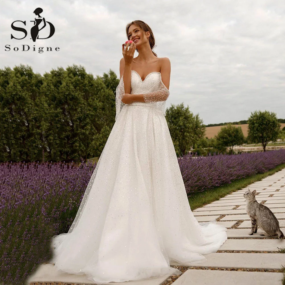 

SoDigne Dubai Glitter Wedding Dresses Sweetheart Backless Dot Tulle Princess Bridal Dress Custom Made Ivory Bridal Gowns