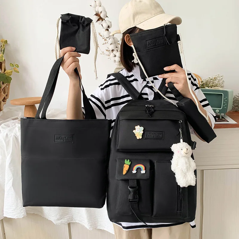

5Pcs Set Harajuku Women Laptop Backpack Canvas School Bags for Teenage Girls Kawaii College Student Kids Book Bags Rucksacks