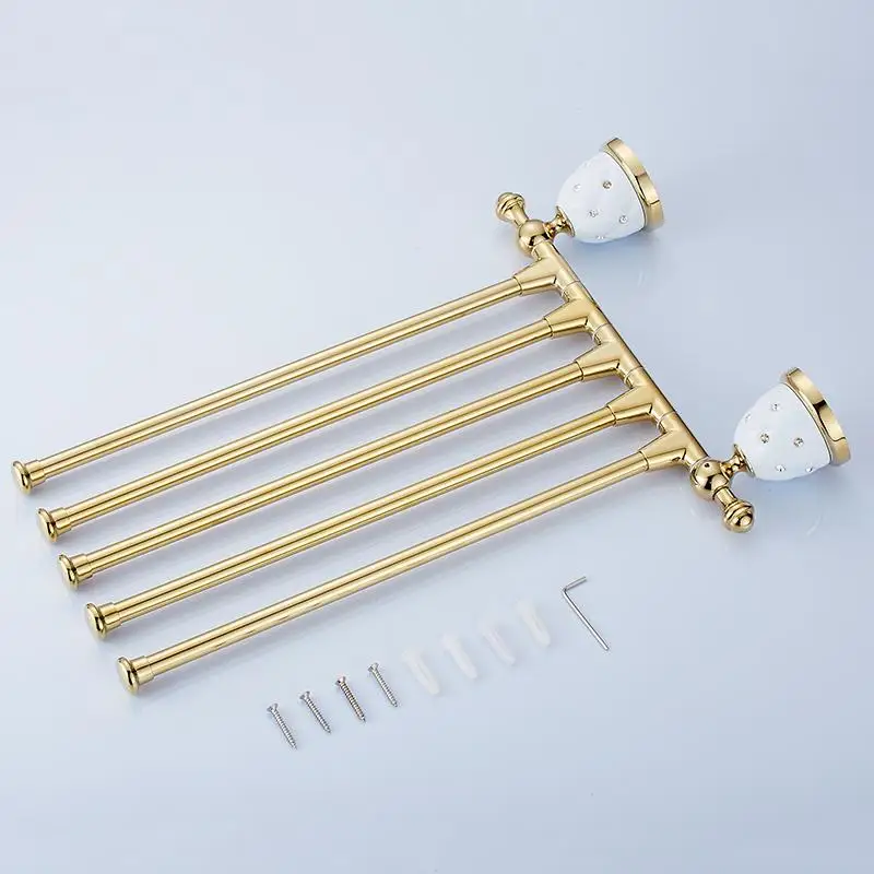 

Towel Racks 4 Movable Brass Golden Rotate Towel Holder Hangers Wall Mount Towel Bar Bathroom Accessories