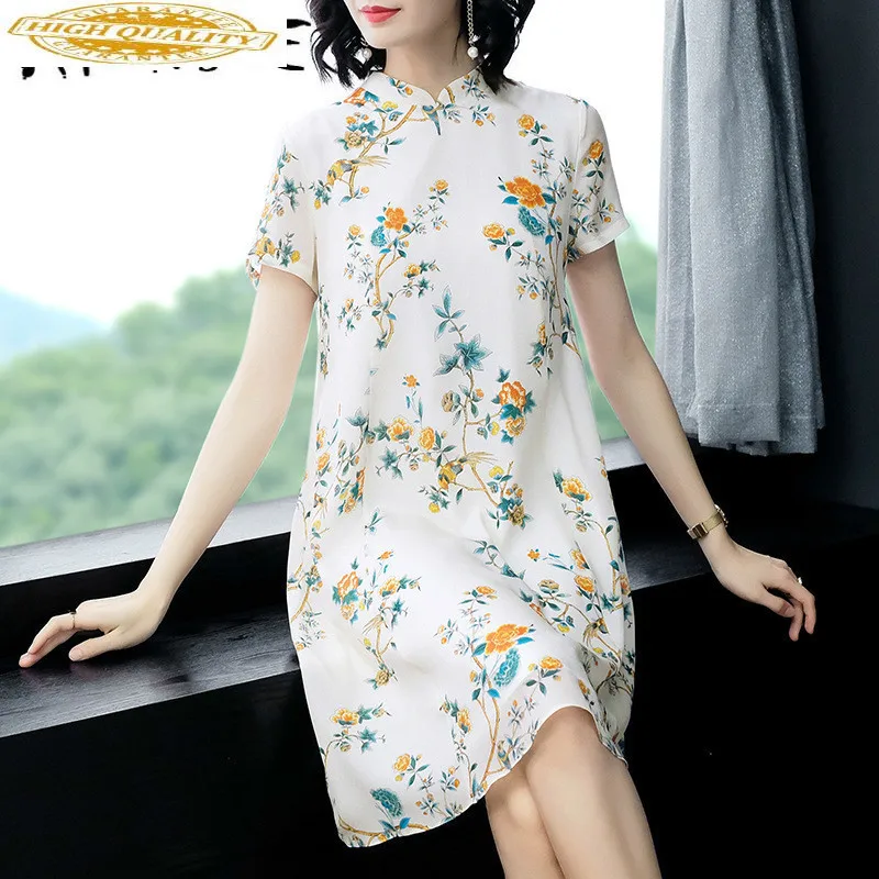 Летнее платье женское из натурального шелка с цветочным принтом модное вечерние