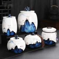 modern mountain landscape pattern ceramic storage jar with lid hand painted tea cans household large capacity candy sealed jars