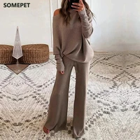 women elegant solid o neck 2 piece set full sleeve pullover tops and wide leg pants suit two piece set women party spring autumn