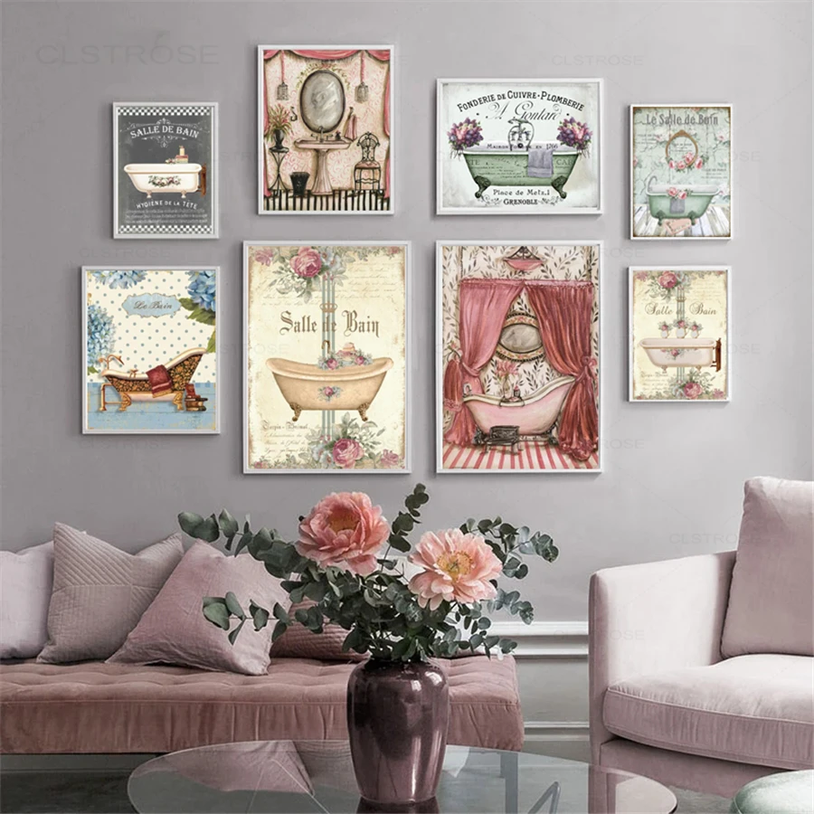 Винтажный абстрактный стиль Викторианский потертый принт ванная комната Холст