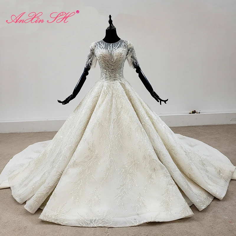 

AnXin SH luxury princess sparkly beading crystal illusion handmade o neck white lace short sleeve wedding dress 100% real photos