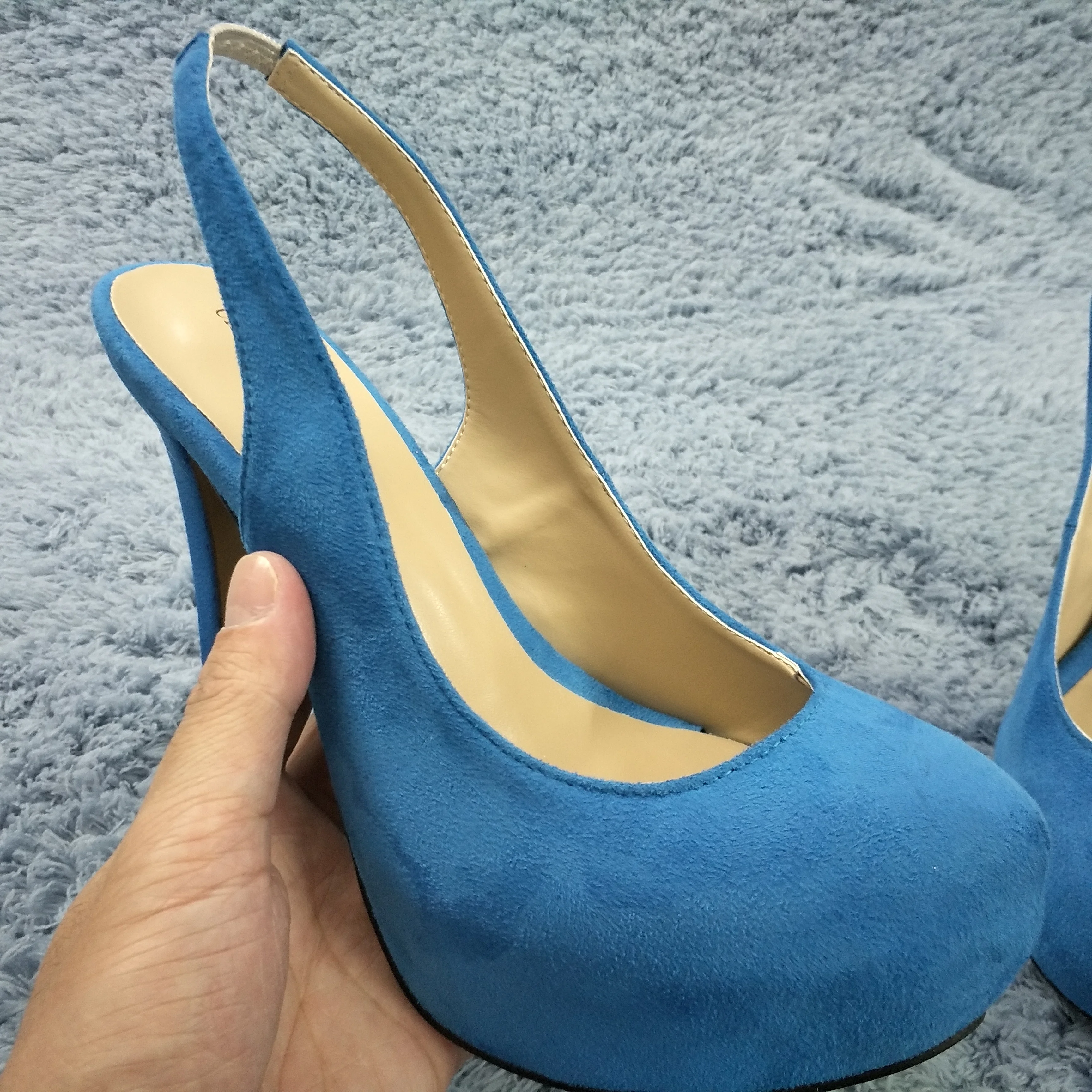 

Sexy Blue Suede Pumps High Heel Dress Party Women Pumps Summer New Round Toe Platform Sling Back Stiletto 14cm Heels Shoes