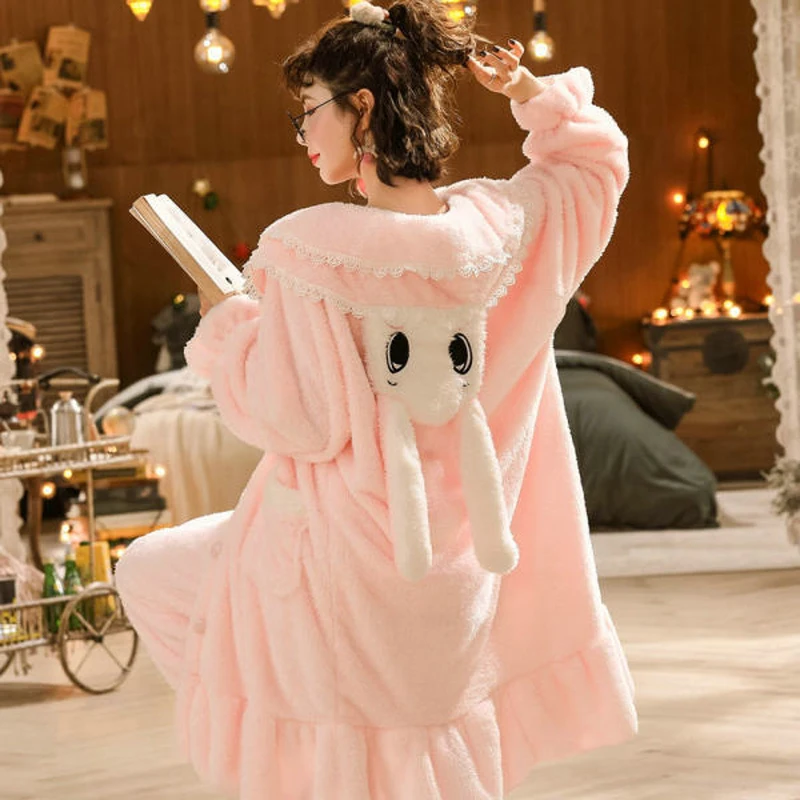 

SLPBELY Sweet Rabbit Women Pajamas Set Lovely Thick Sleepwears Cute Girl Warm Long Sleeve Home Clothes Nightwear Bathrobe