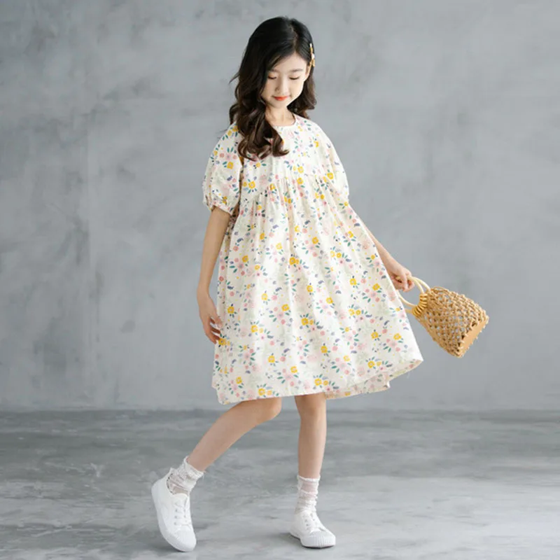 

2021 New Floral Print Teens Kids Summer Dress Girls Children Clothing School Short Sleeve 100% Cotton Cute Dresses For Girl