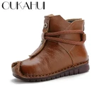 Женские ботильоны ручной работы OUKAHUI, зимние ботинки из натуральной кожи на молнии сзади, с круглым носком, винтажные мягкие ботинки на плоской подошве, 2019