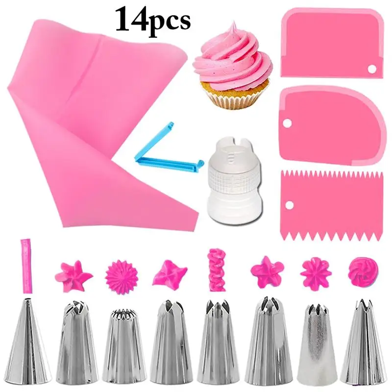 14Pcs Cake Decoration Tool Kits Silicone DIY Cake Cream Pastry Bag Icing Piping Tip Cake Coupler Cake Tools Bakeware Accessories